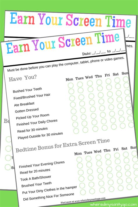 Free Printable Earning Screen Time Chart